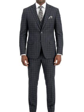 Charcoal Windowpane Plaid Notch Lapel 3 Piece Men's Suit